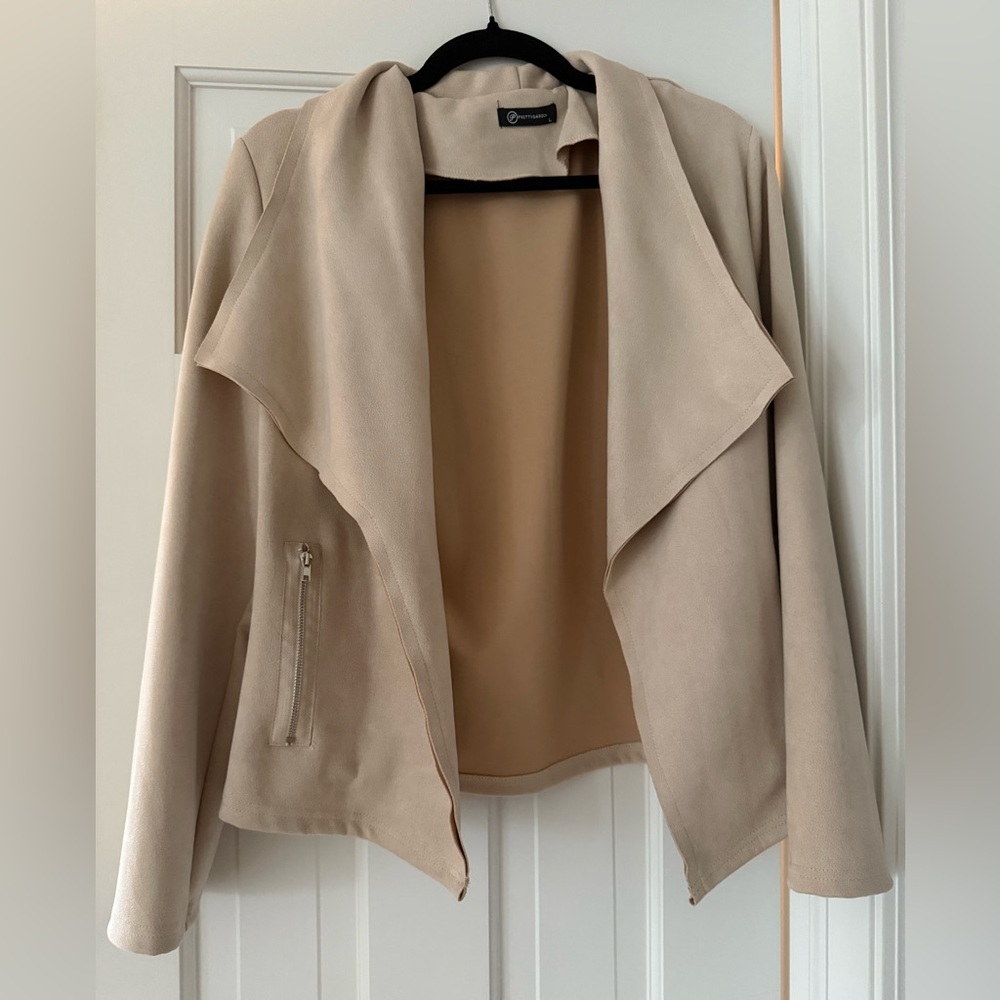 Beige Faux Suede Draped Open Front Jacket Women’s Large